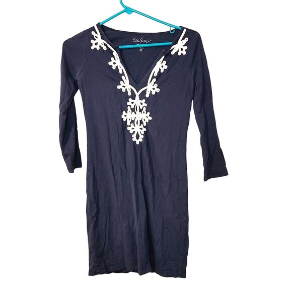 Lilly Pulitzer Size XXS 100% Pima Cotton Navy Blue White Embroidered Dress Marin - Picture 1 of 8